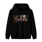 Front garment photograph: men's hoodie decorated with a mechanical cat and animal figures in a wide chase scene
