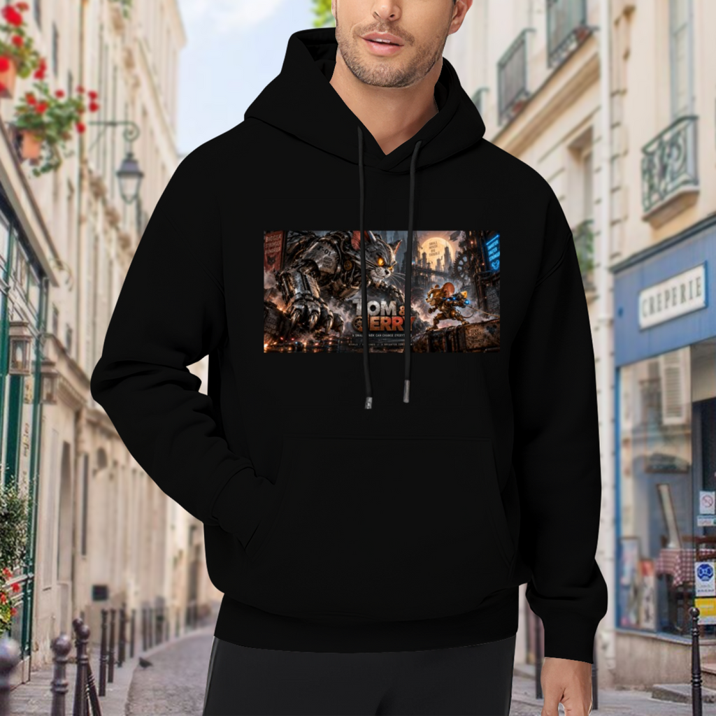 A mechanical cat and animal figures in a wide chase scene visible on a men's hoodie in an outdoor front model view
