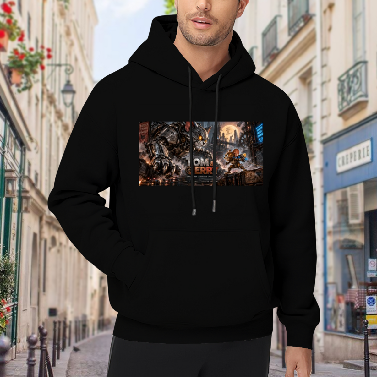 A mechanical cat and animal figures in a wide chase scene visible on a men's hoodie in an outdoor front model view