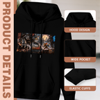 Men's Mechanical Feline Chase hoodie product-feature illustration with close views of the hood, pocket and cuffs