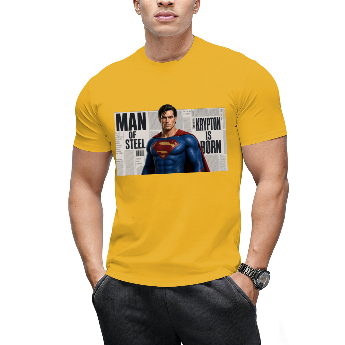 Caped Newsprint Portrait Men's T-Shirt for Daily Wear