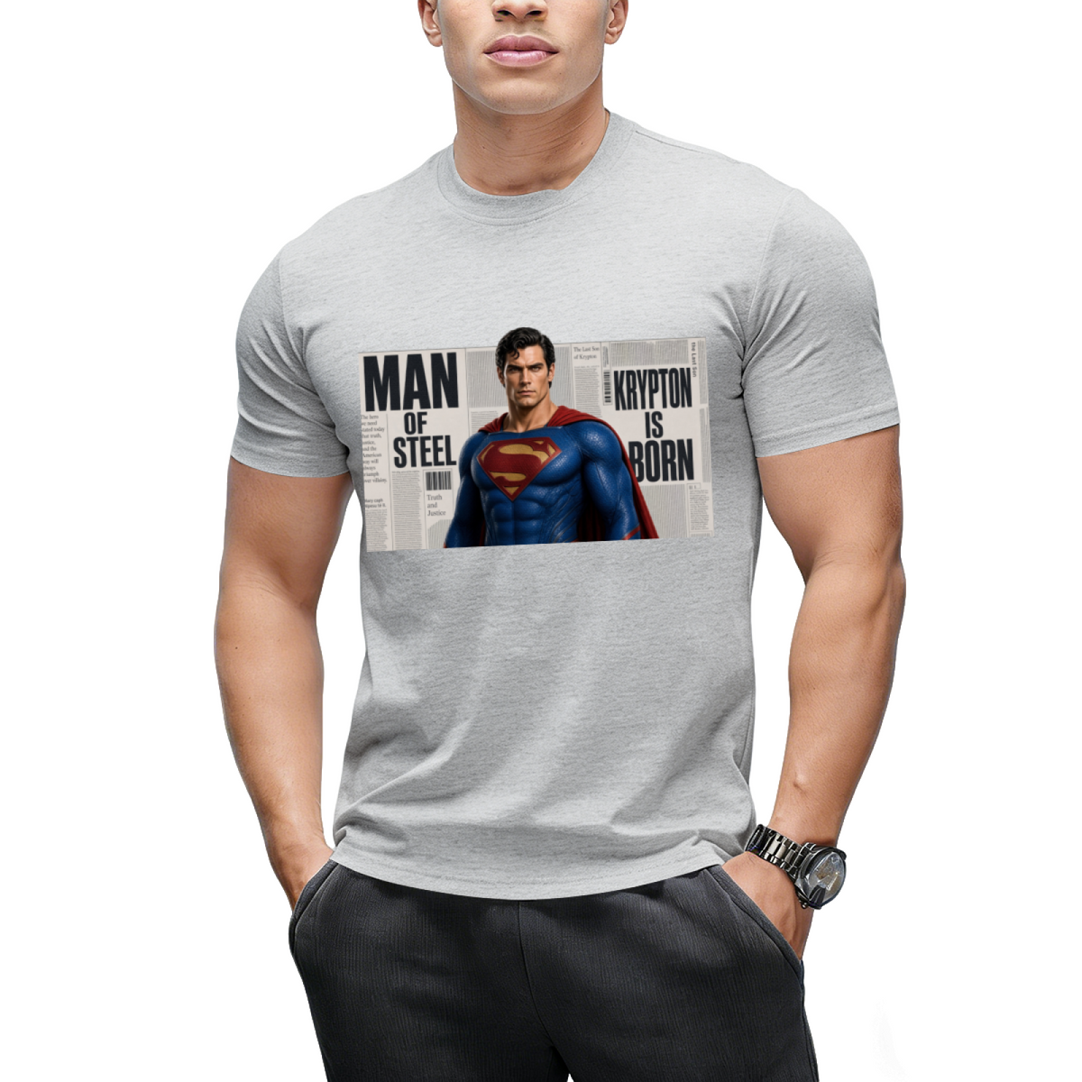 Caped Newsprint Portrait Men's T-Shirt for Daily Wear