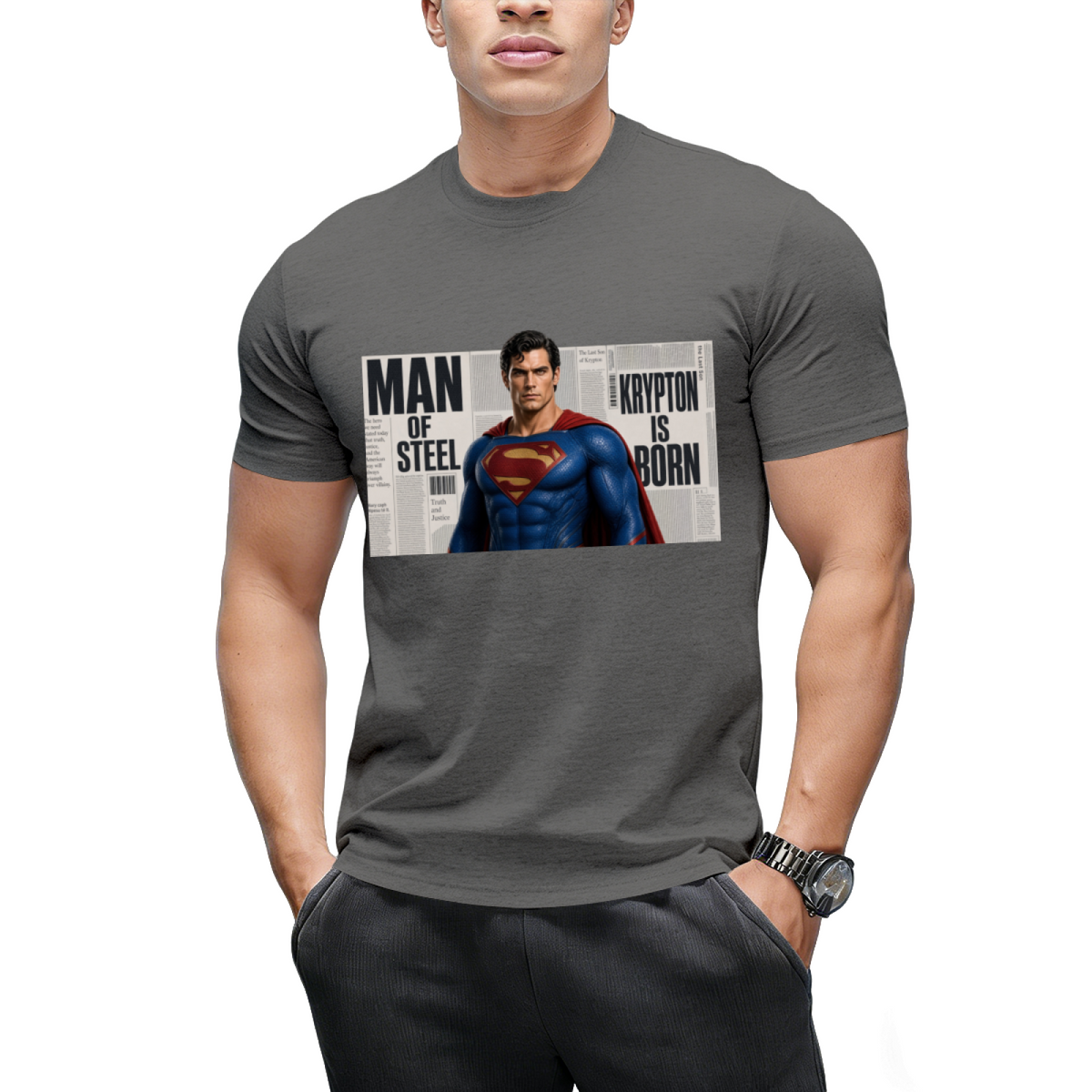 Caped Newsprint Portrait Men's T-Shirt for Daily Wear