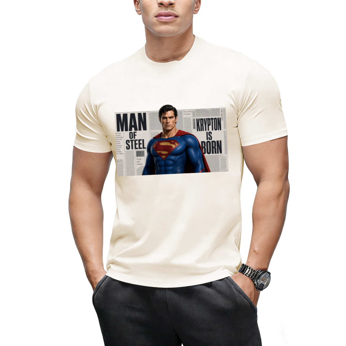 Caped Newsprint Portrait Men's T-Shirt for Daily Wear