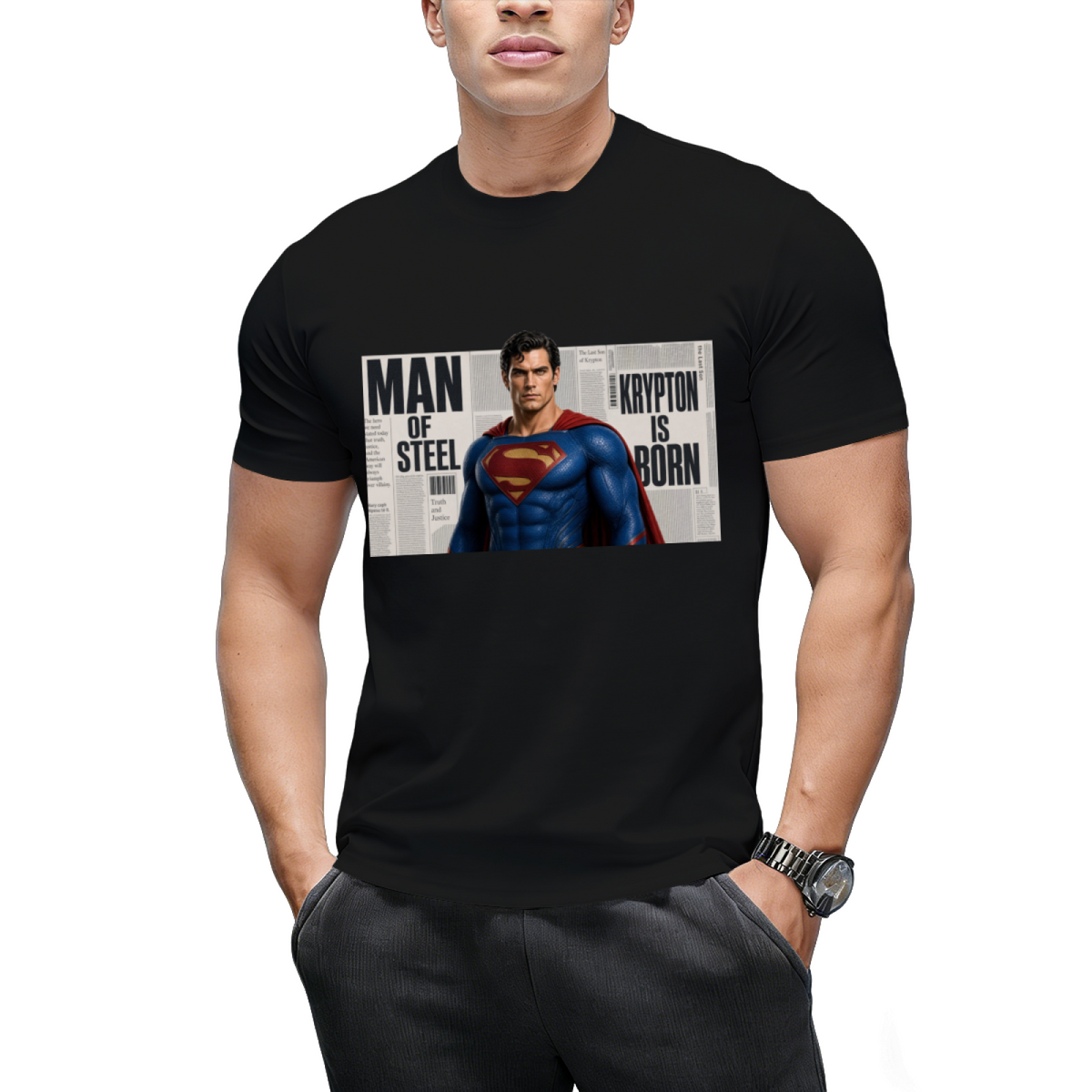 Caped Newsprint Portrait Men's T-Shirt for Daily Wear