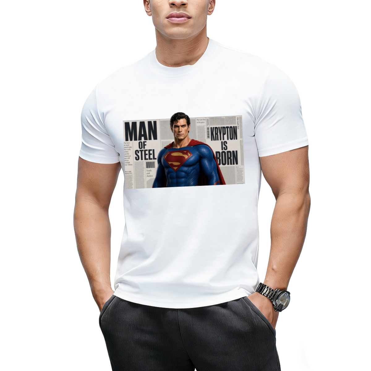 Caped Newsprint Portrait Men's T-Shirt for Daily Wear