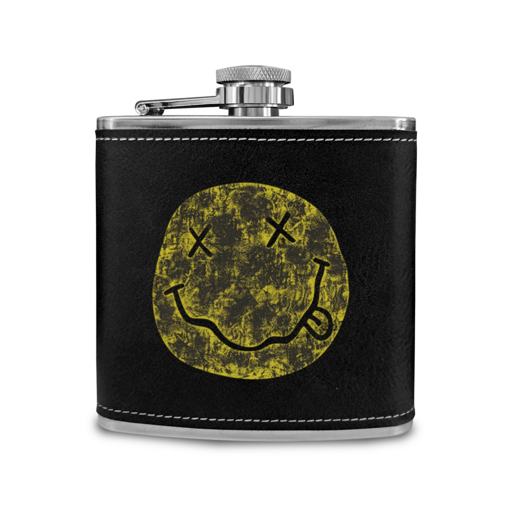 Nirvana I’m So Happy Smiley 6oz vintage-style stainless steel hip flask product image