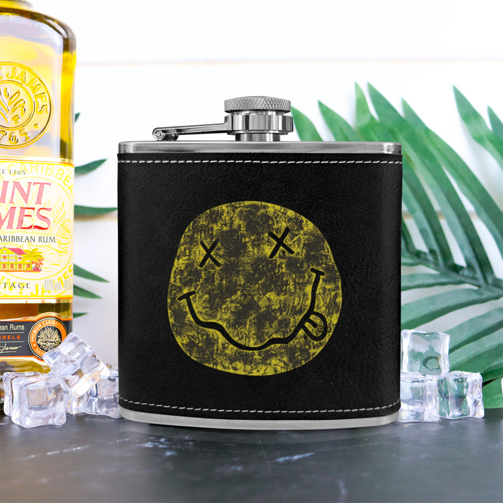 Nirvana I’m So Happy Smiley 6oz vintage-style stainless steel hip flask product image