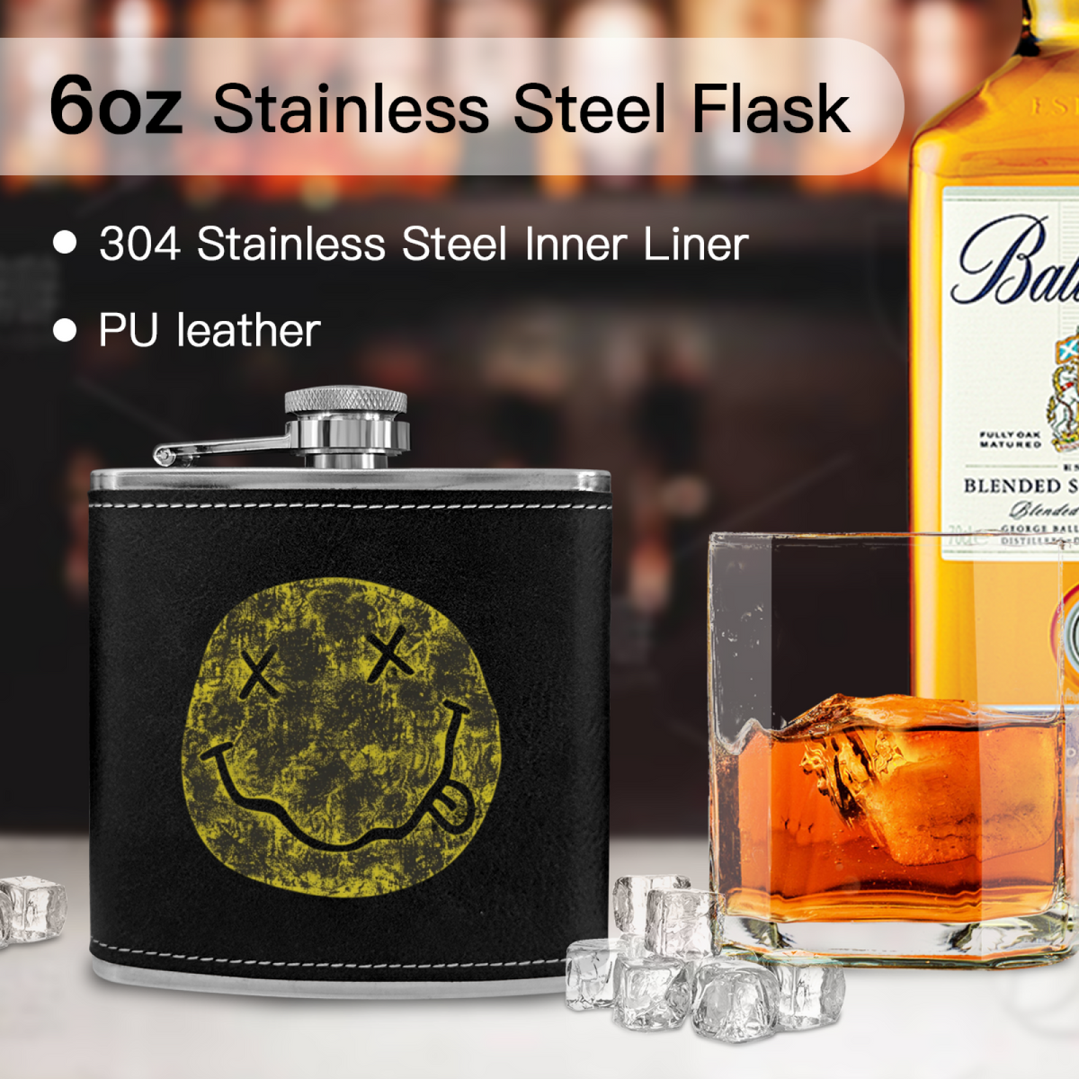 Nirvana I’m So Happy Smiley 6oz vintage-style stainless steel hip flask product image