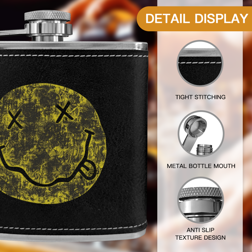 Nirvana I’m So Happy Smiley 6oz vintage-style stainless steel hip flask product image