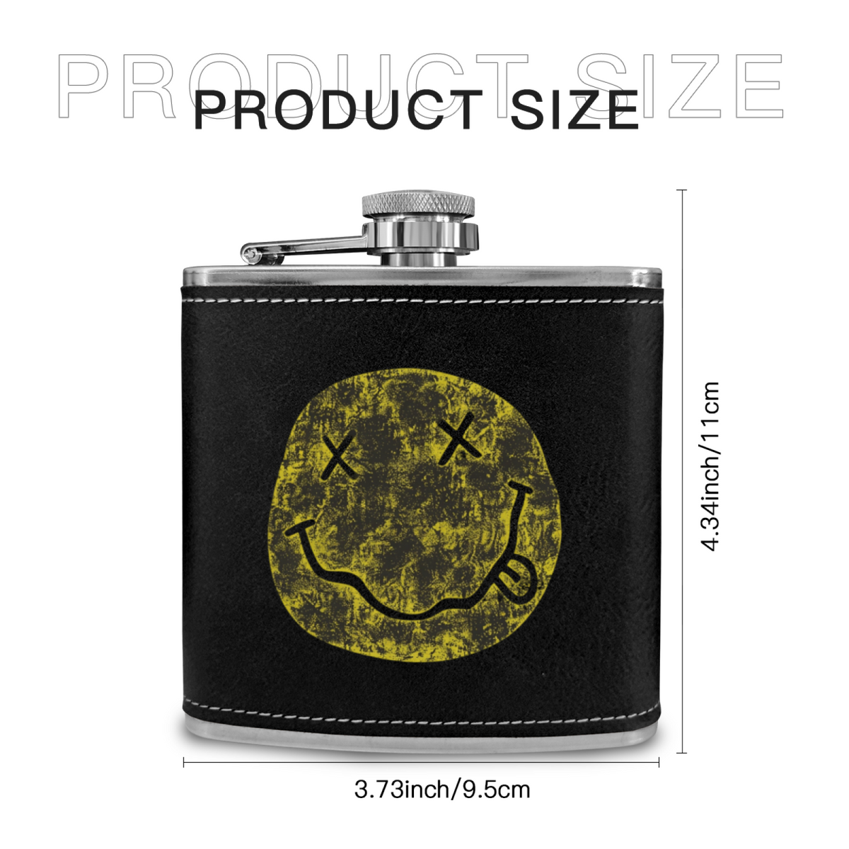 Nirvana I’m So Happy Smiley 6oz vintage-style stainless steel hip flask product image