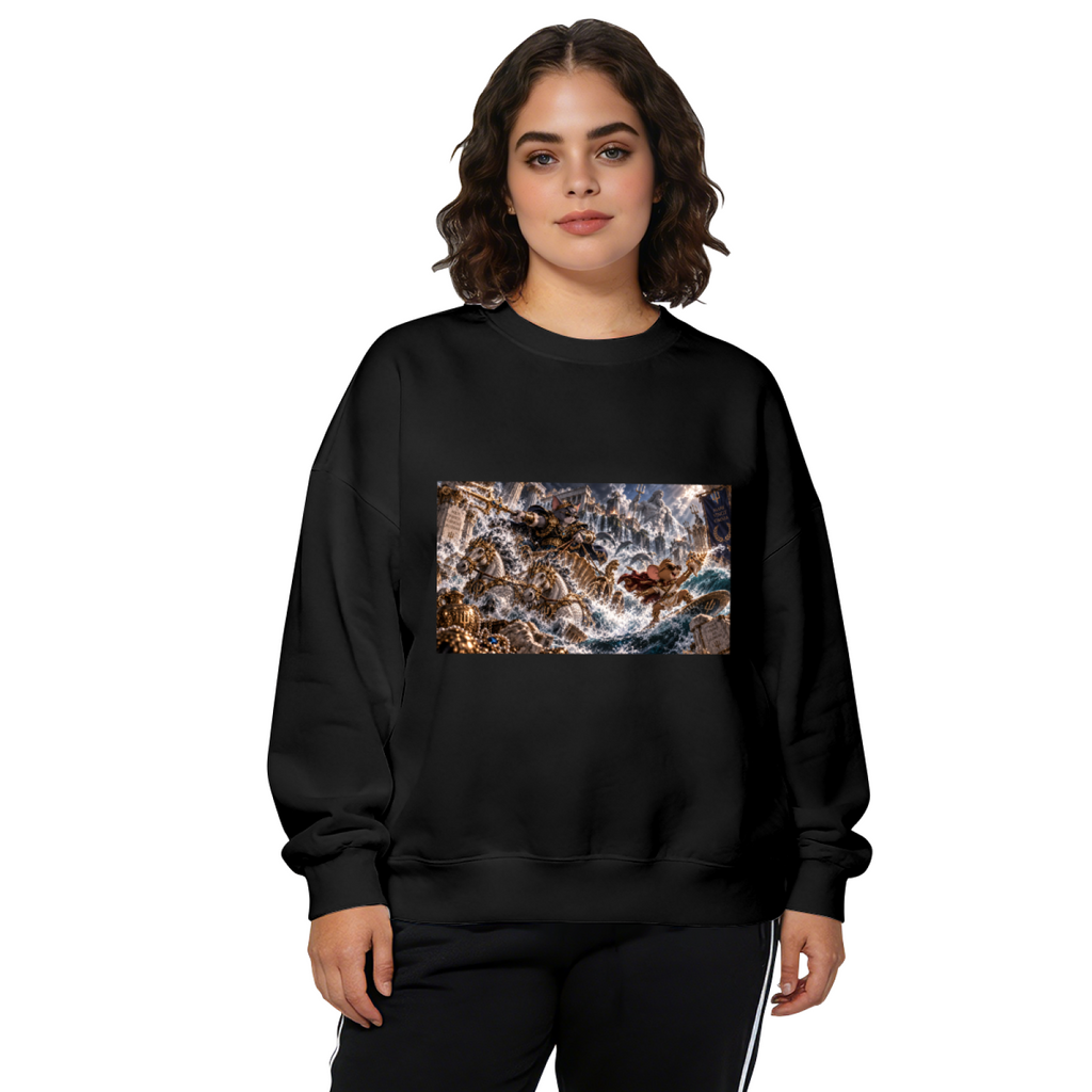 Women's crewneck sweatshirt seen on a model, its front graphic depicting a trident-bearing cat surrounded by surging waves in a sea battle