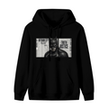 A monochrome cowl portrait layered over a newspaper-style panel shown on the front of a men's hoodie in a standalone product shot
