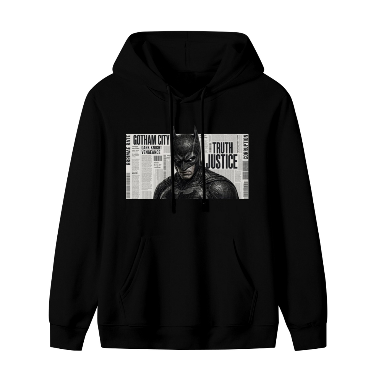 A monochrome cowl portrait layered over a newspaper-style panel shown on the front of a men's hoodie in a standalone product shot
