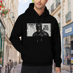 Outdoor photograph of a model in a men's hoodie bearing a monochrome cowl portrait layered over a newspaper-style panel