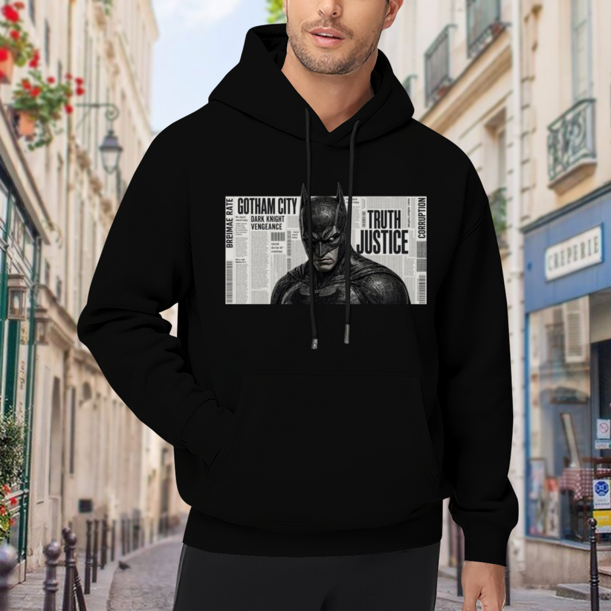 Outdoor photograph of a model in a men's hoodie bearing a monochrome cowl portrait layered over a newspaper-style panel