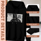 Hood, pouch pocket and sleeve-cuff detail images accompanying the men's Monochrome Mask Print Collage hoodie