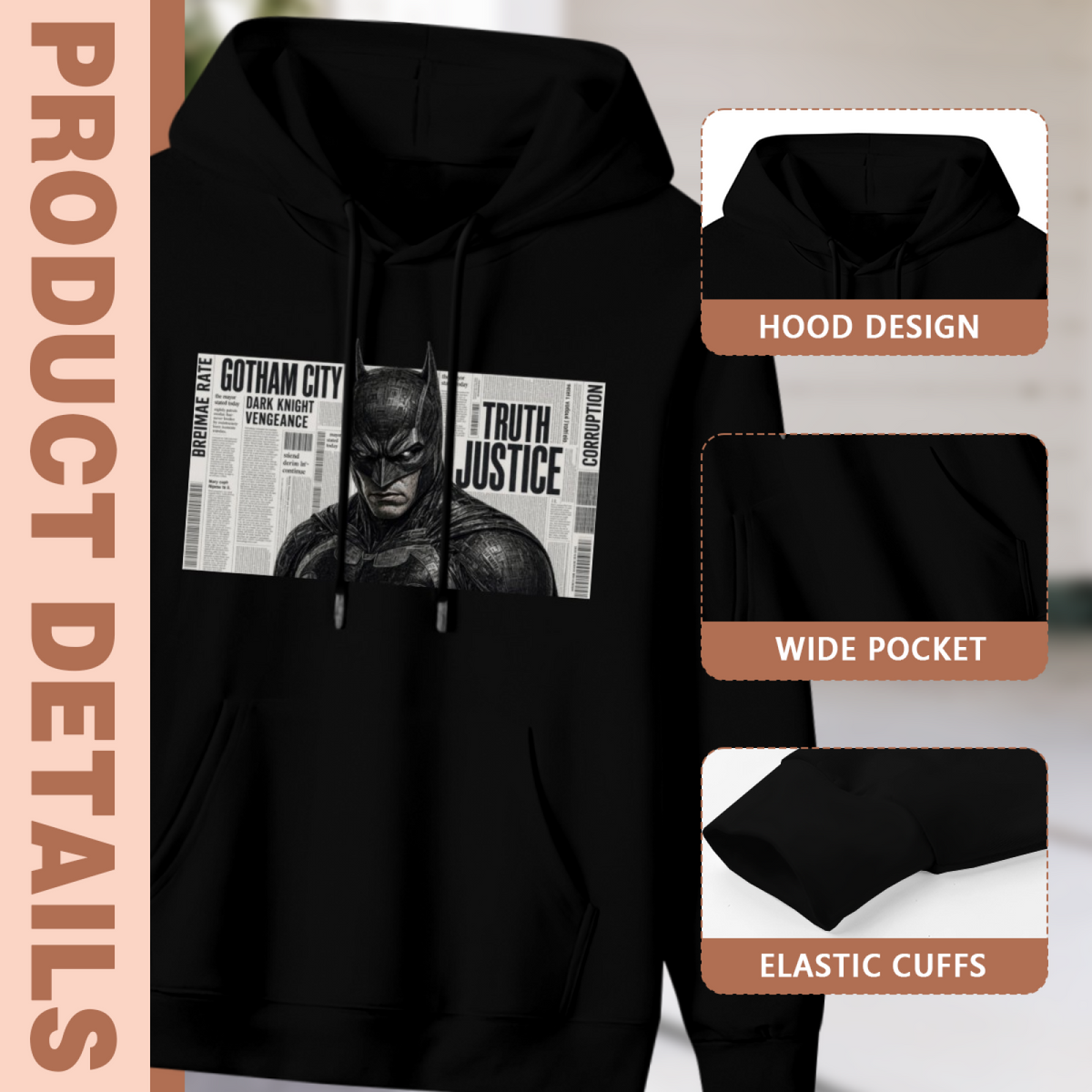 Hood, pouch pocket and sleeve-cuff detail images accompanying the men's Monochrome Mask Print Collage hoodie