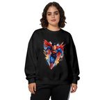 On-model product photo: women's crewneck sweatshirt bearing a flying caped figure amid sharp multicolored brushstrokes