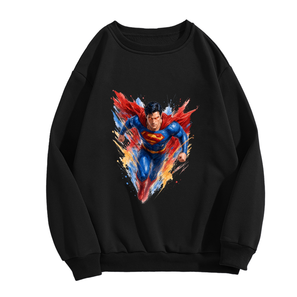 Women's crewneck sweatshirt photographed alone, with a flying caped figure amid sharp multicolored brushstrokes on the front