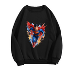 Women's crewneck sweatshirt photographed alone, with a flying caped figure amid sharp multicolored brushstrokes on the front