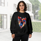 Lifestyle image outdoors: women's crewneck sweatshirt with a front graphic of a flying caped figure amid sharp multicolored brushstrokes