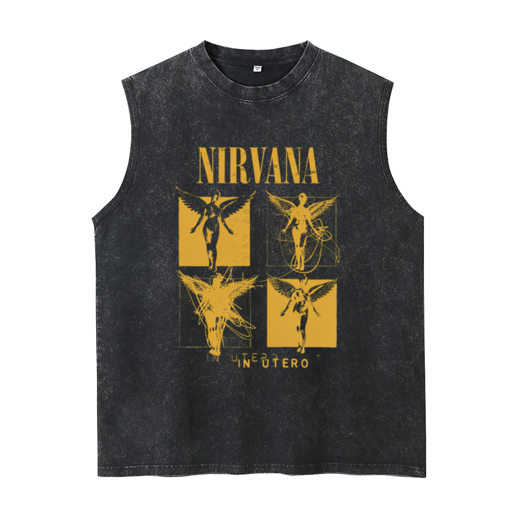 Nirvana In Utero Four Panel Angel Washed Tank Top — product image showing the an In Utero angel graphic arranged in four panels design