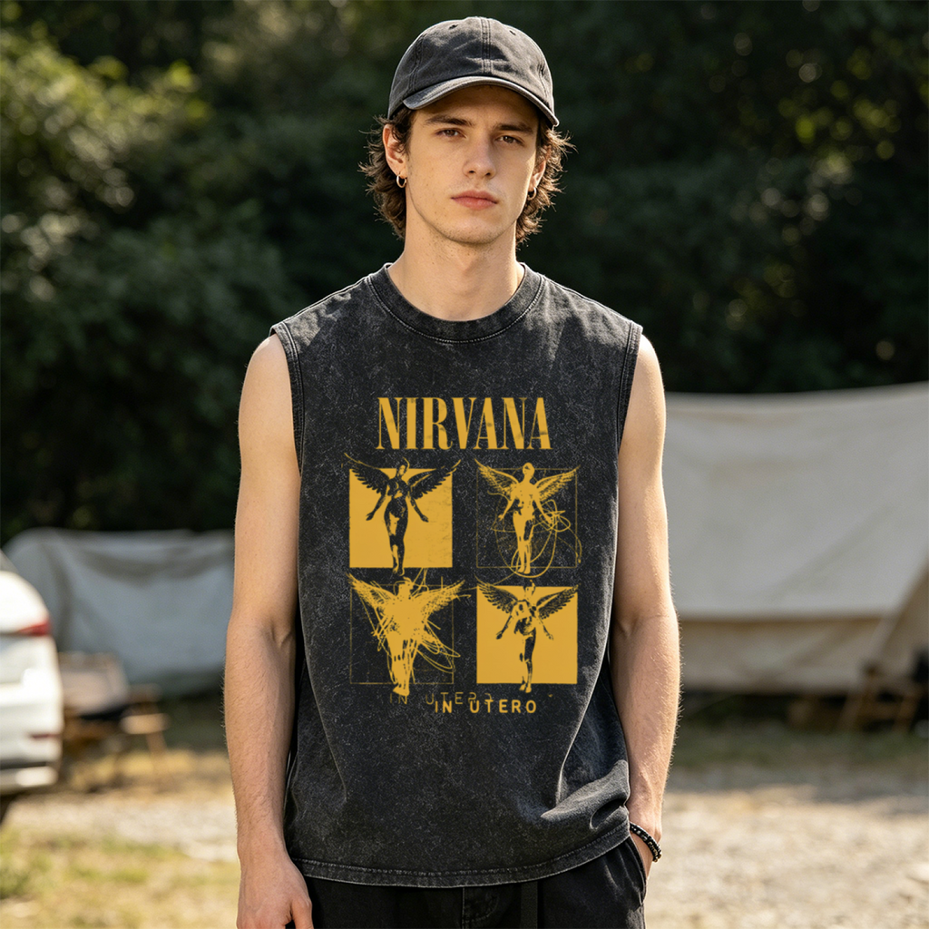 Nirvana In Utero Four Panel Angel Washed Tank Top — product image showing the an In Utero angel graphic arranged in four panels design