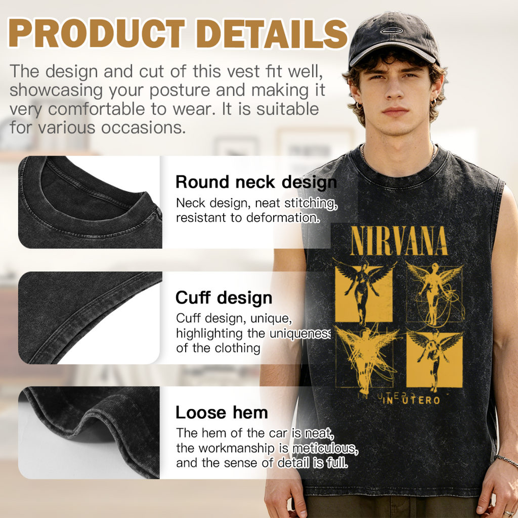 Nirvana In Utero Four Panel Angel Washed Tank Top — product image showing the an In Utero angel graphic arranged in four panels design