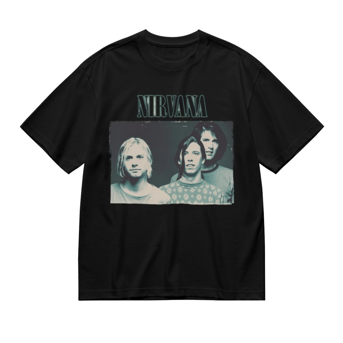 Nirvana Vintage Blue Band Portrait Graphic T-Shirt — product design preview of the artwork; a three-member band portrait is presented in a blue tint