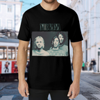 Nirvana Vintage Blue Band Portrait Graphic T-Shirt — product design preview of the artwork; a three-member band portrait is presented in a blue tint