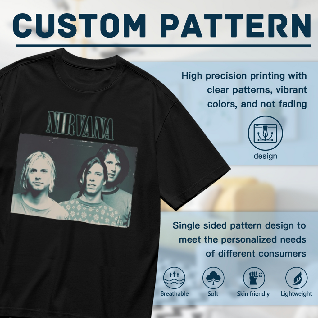 Nirvana Vintage Blue Band Portrait Graphic T-Shirt — product design preview of the artwork; a three-member band portrait is presented in a blue tint