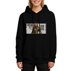 Front-facing model wearing a women's hoodie decorated with a long-haired ocean warrior in armor against newspaper-style lettering