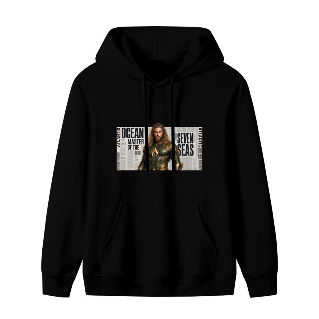 A long-haired ocean warrior in armor against newspaper-style lettering shown on the front of a women's hoodie in a standalone product shot