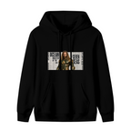 A long-haired ocean warrior in armor against newspaper-style lettering shown on the front of a women's hoodie in a standalone product shot