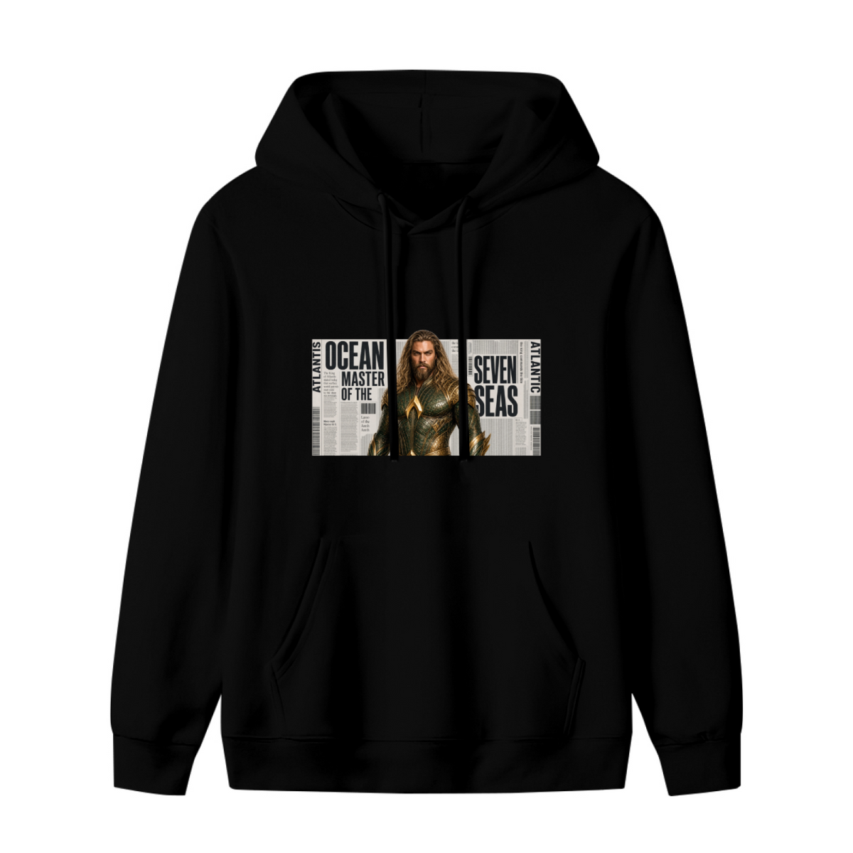 A long-haired ocean warrior in armor against newspaper-style lettering shown on the front of a women's hoodie in a standalone product shot