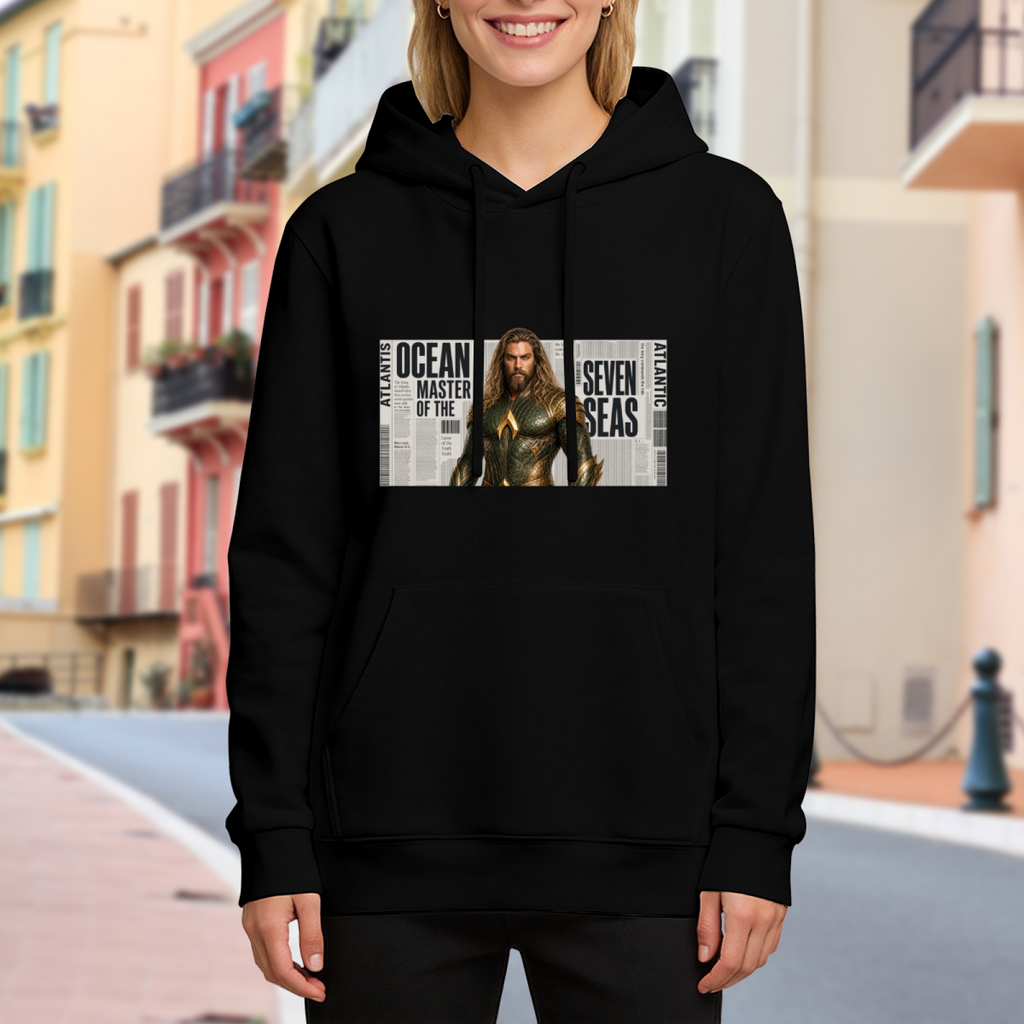 Outdoor photograph of a model in a women's hoodie bearing a long-haired ocean warrior in armor against newspaper-style lettering