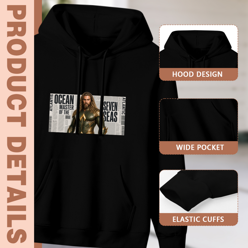 Hood, pouch pocket and sleeve-cuff detail images accompanying the women's Ocean Armor Press Portrait hoodie