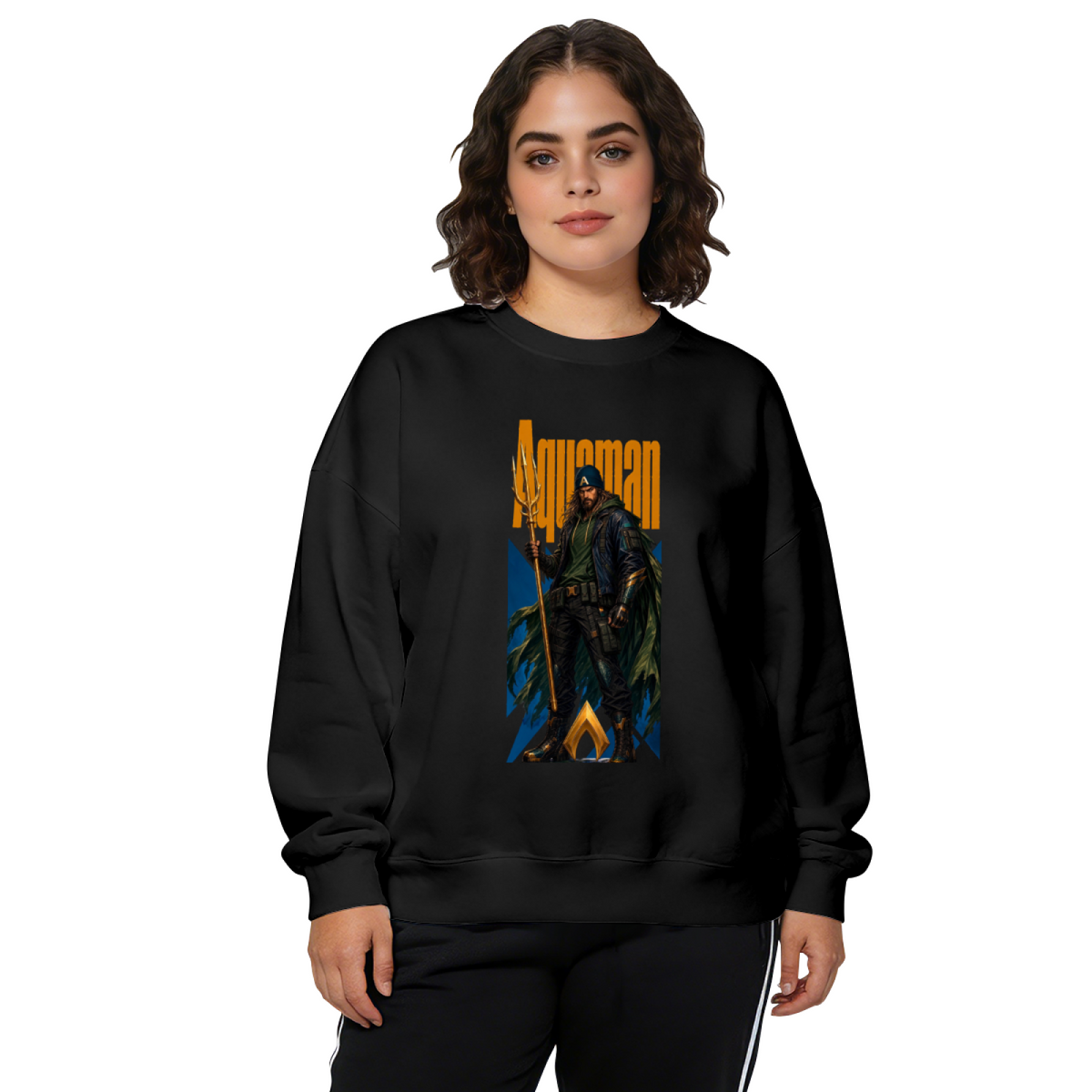 On-model product photo: women's crewneck sweatshirt bearing a hooded figure gripping a trident in a tall street-style composition