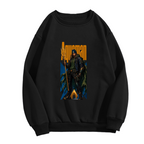 Women's crewneck sweatshirt photographed alone, with a hooded figure gripping a trident in a tall street-style composition on the front