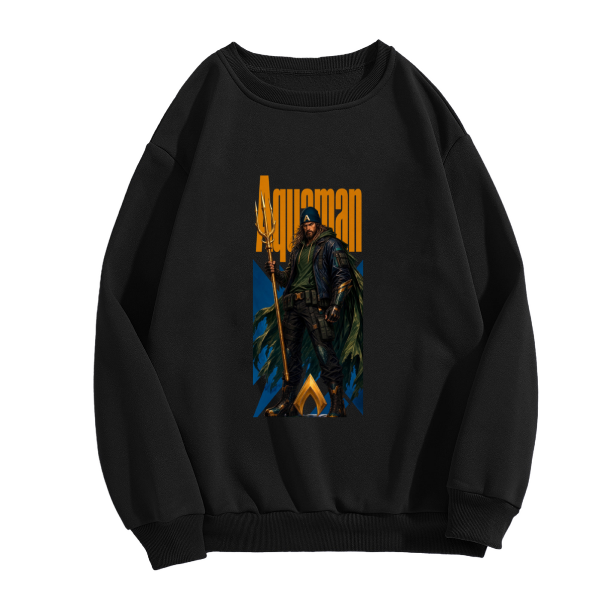 Women's crewneck sweatshirt photographed alone, with a hooded figure gripping a trident in a tall street-style composition on the front