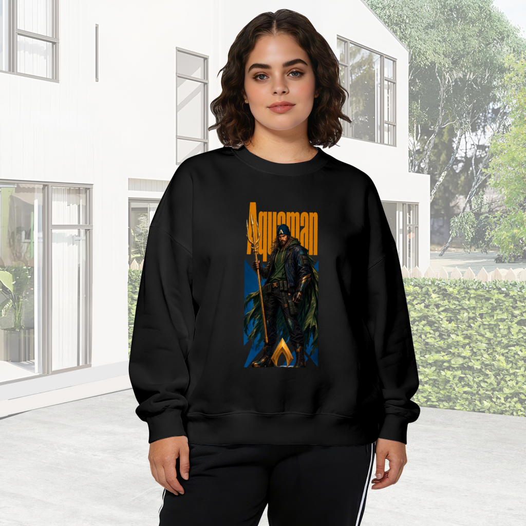 Lifestyle image outdoors: women's crewneck sweatshirt with a front graphic of a hooded figure gripping a trident in a tall street-style composition