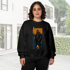 Lifestyle image outdoors: women's crewneck sweatshirt with a front graphic of a hooded figure gripping a trident in a tall street-style composition