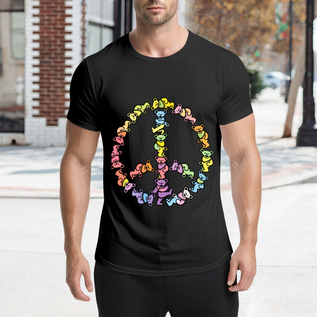 Graphic detail of Grateful Dead dancing bears peace sign graphic T-shirt on a black T-shirt