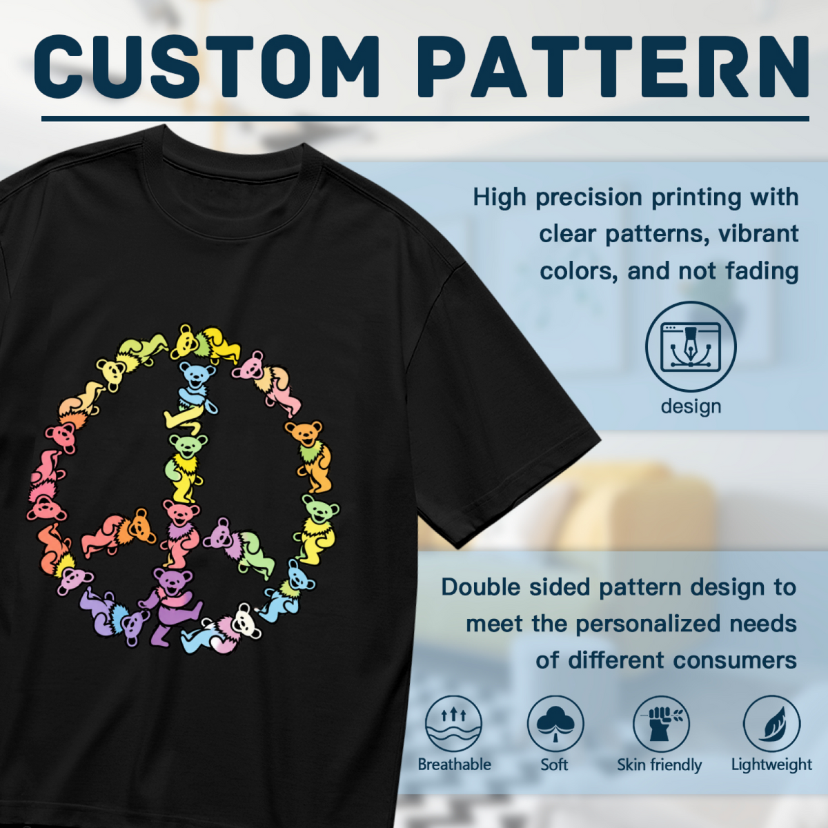 Close-up product image of Grateful Dead dancing bears peace sign graphic T-shirt on a black T-shirt