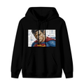 Unworn men's hoodie, front view of the design depicting a tightly cropped intense face above a cape against newsprint