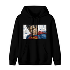 Unworn men's hoodie, front view of the design depicting a tightly cropped intense face above a cape against newsprint