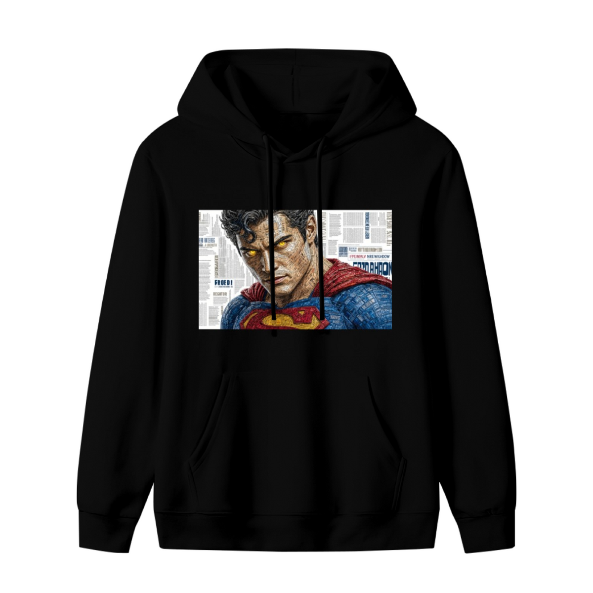 Unworn men's hoodie, front view of the design depicting a tightly cropped intense face above a cape against newsprint