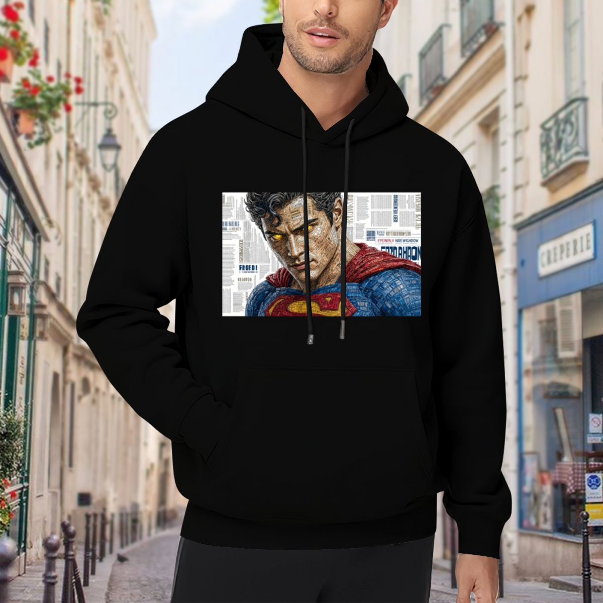 On-location model photograph displaying a tightly cropped intense face above a cape against newsprint on the front of a men's hoodie