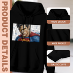 Garment and inset detail views for the men's Close-Up Face Press Print hoodie, highlighting the hood, pocket opening and cuffs